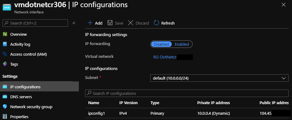 Azure Network Interface, IP Configuration